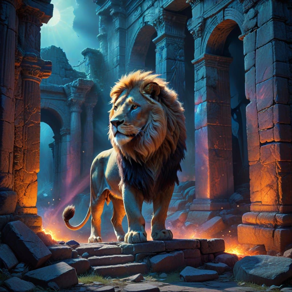 Majestic Lion in Ancient Ruins with Spectral Markings