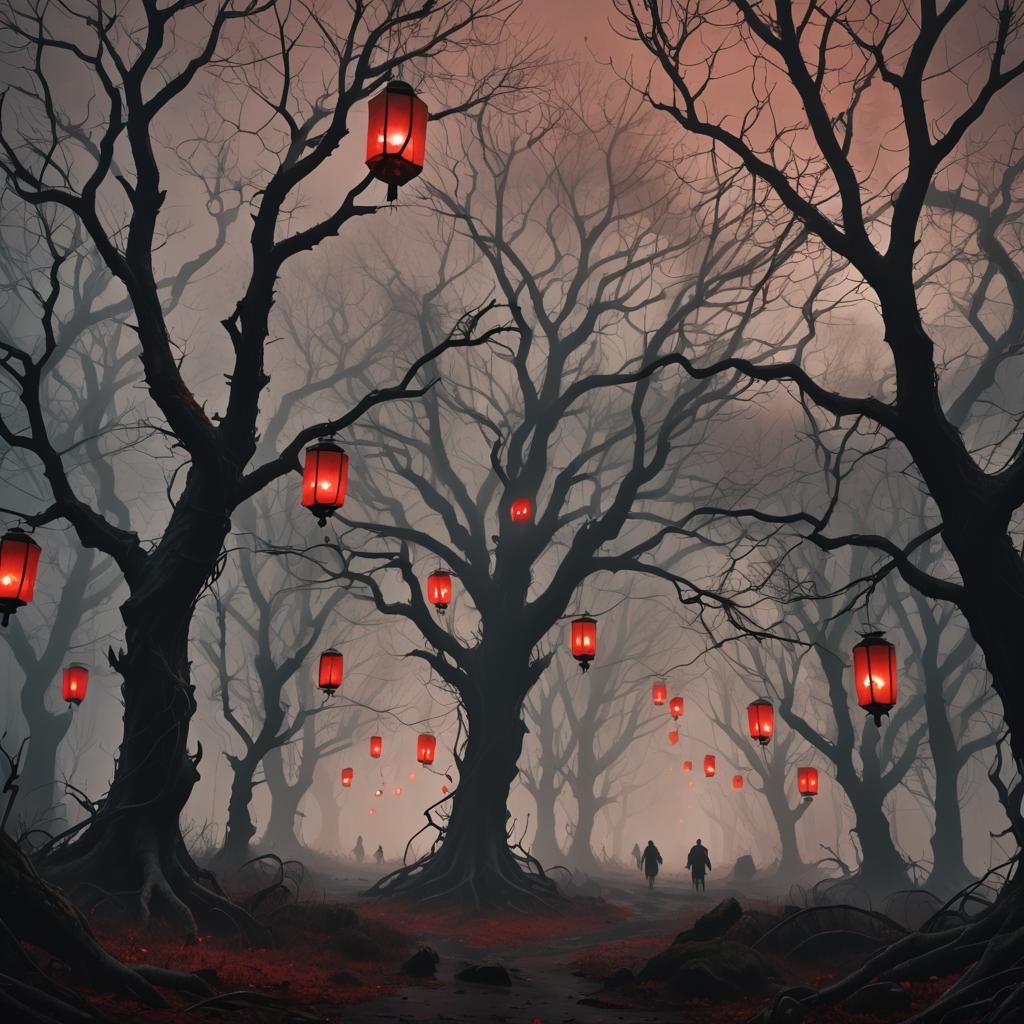 Eerie Red Lanterns Light Dark Fantasy Forest