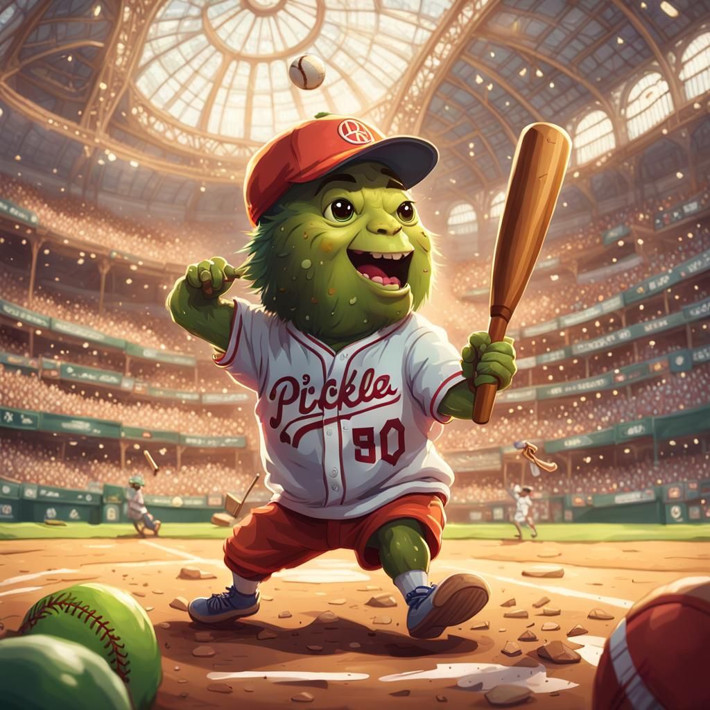 Pickle Playing Baseball in Gouache Watercolor Style