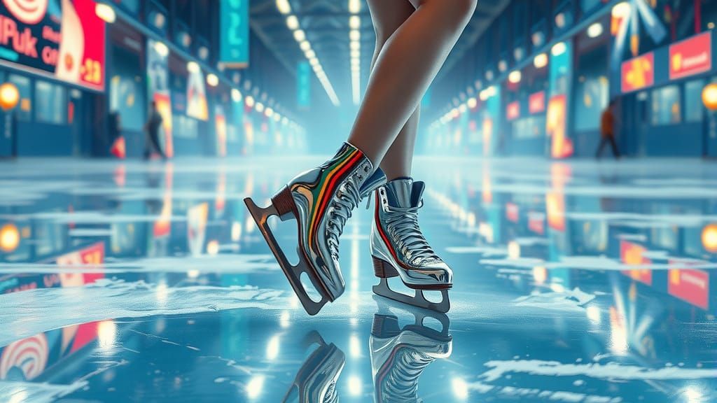 Surreal Figure Skater in Chrome Skates Reflected in Ice