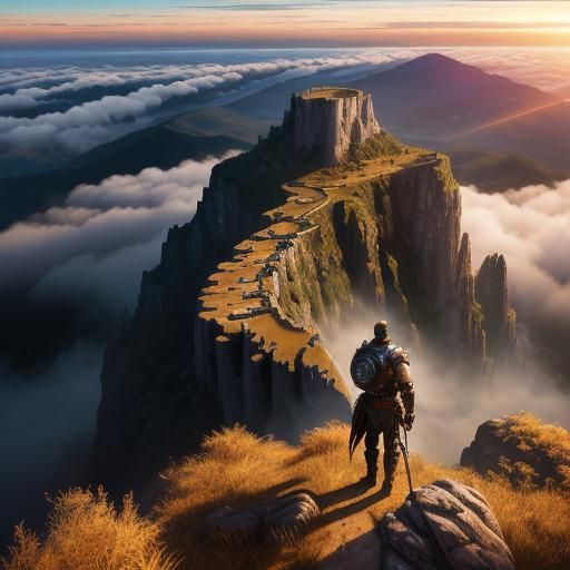 Heroic Warrior Overlooks Ancient City in 3D Graphics