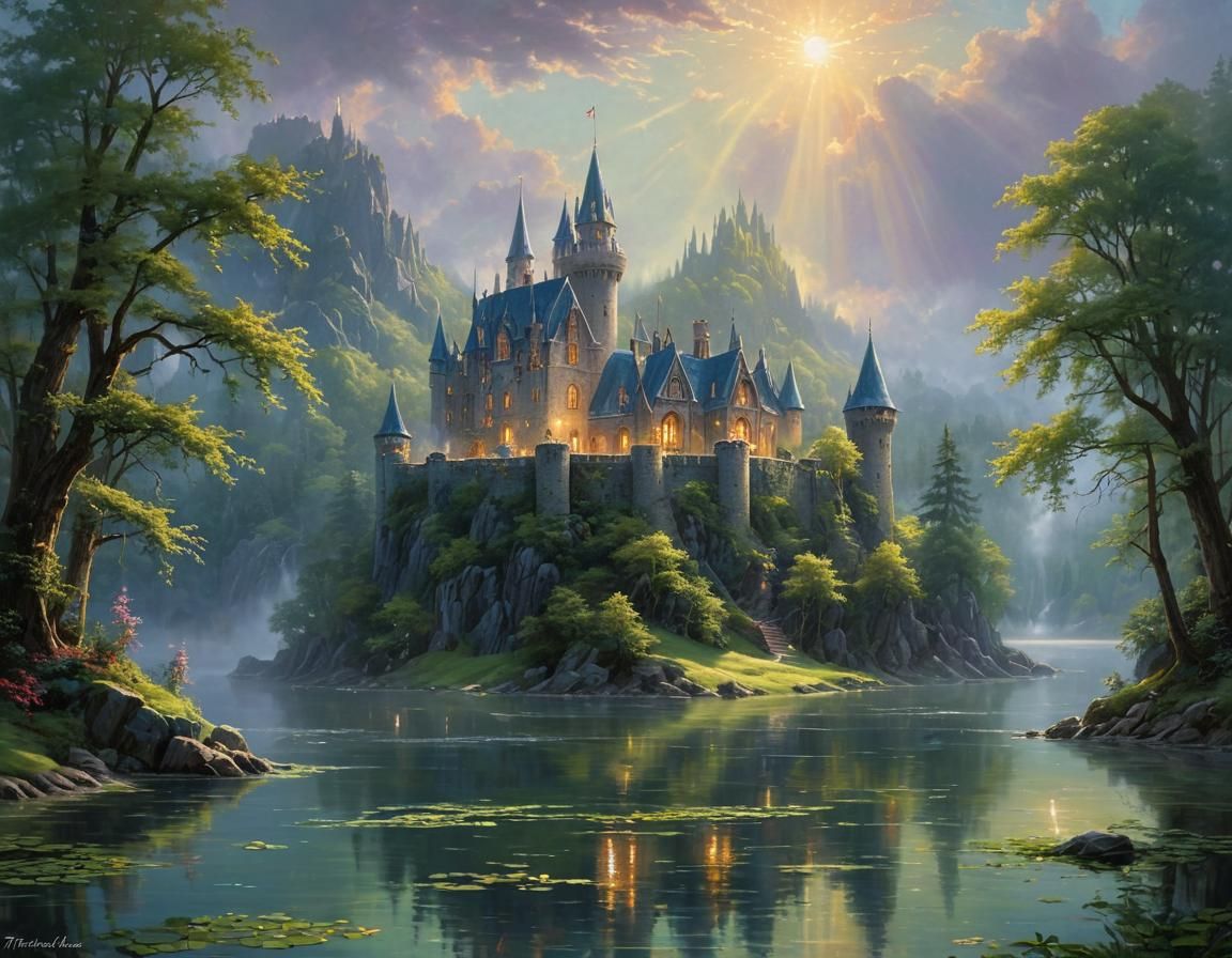 Fairytale Castle on Sparkling Lake: Ethereal Oil Painting