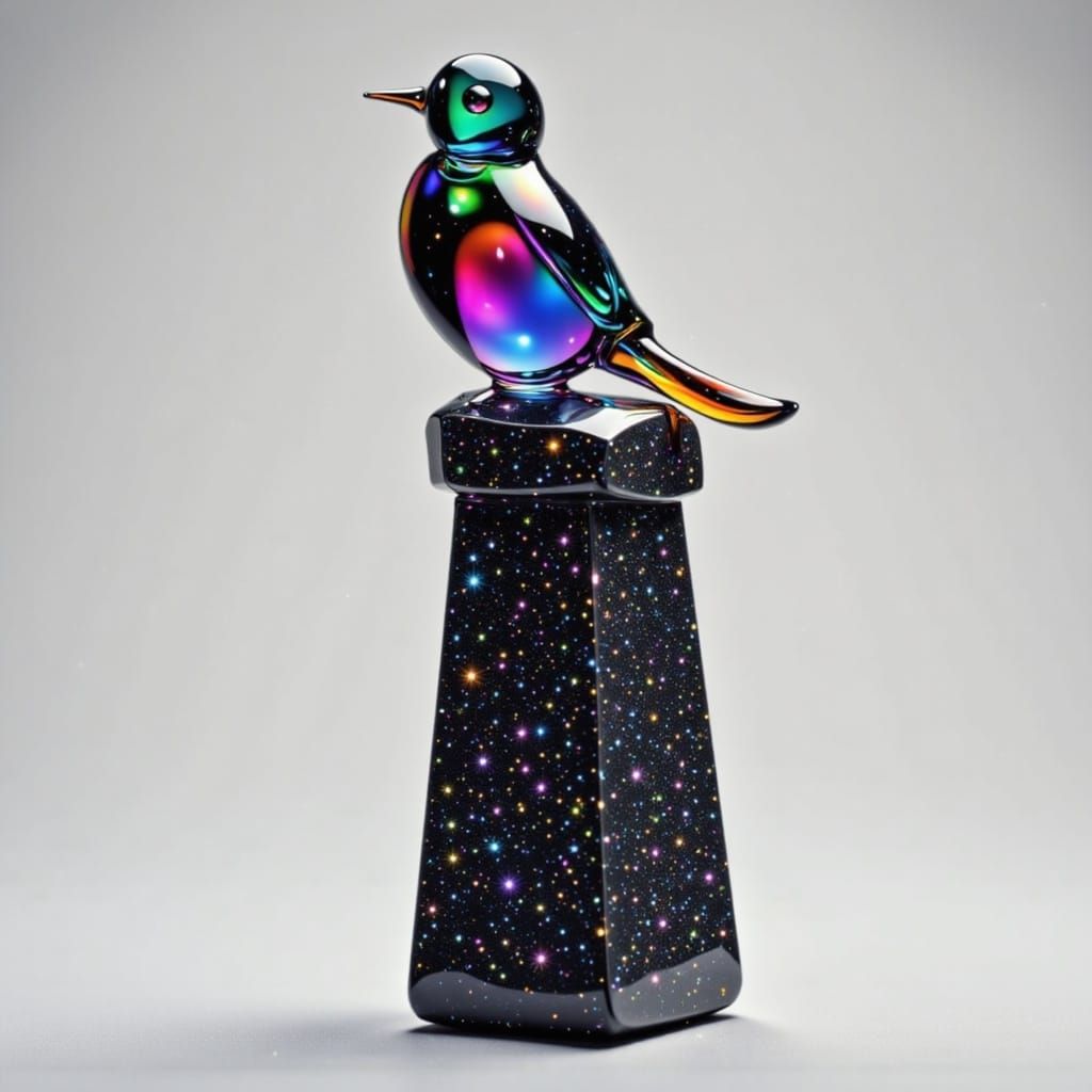 Glass Bird Sculpture on Obsidian Pillar with Gem Dust