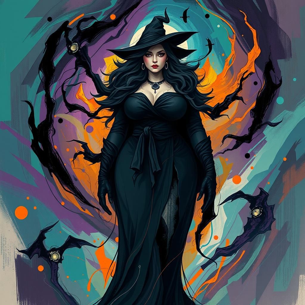 Plus-Size Woman in Mystical Attire: Abstract Expressionist A...