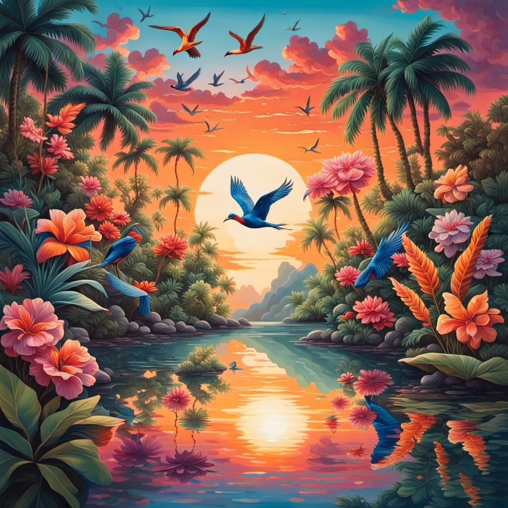 Secluded Island Lagoon Reflecting Sunset: Digital Art