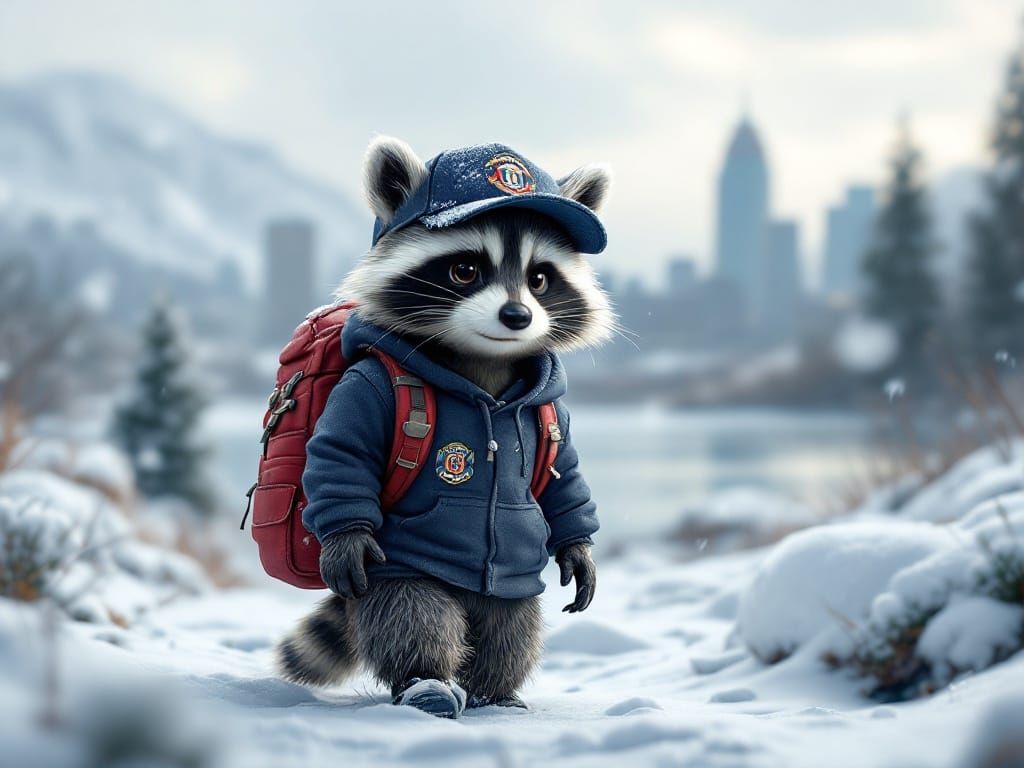Resilient Gray Raccoon Adventurer in Photorealistic Snowy La...