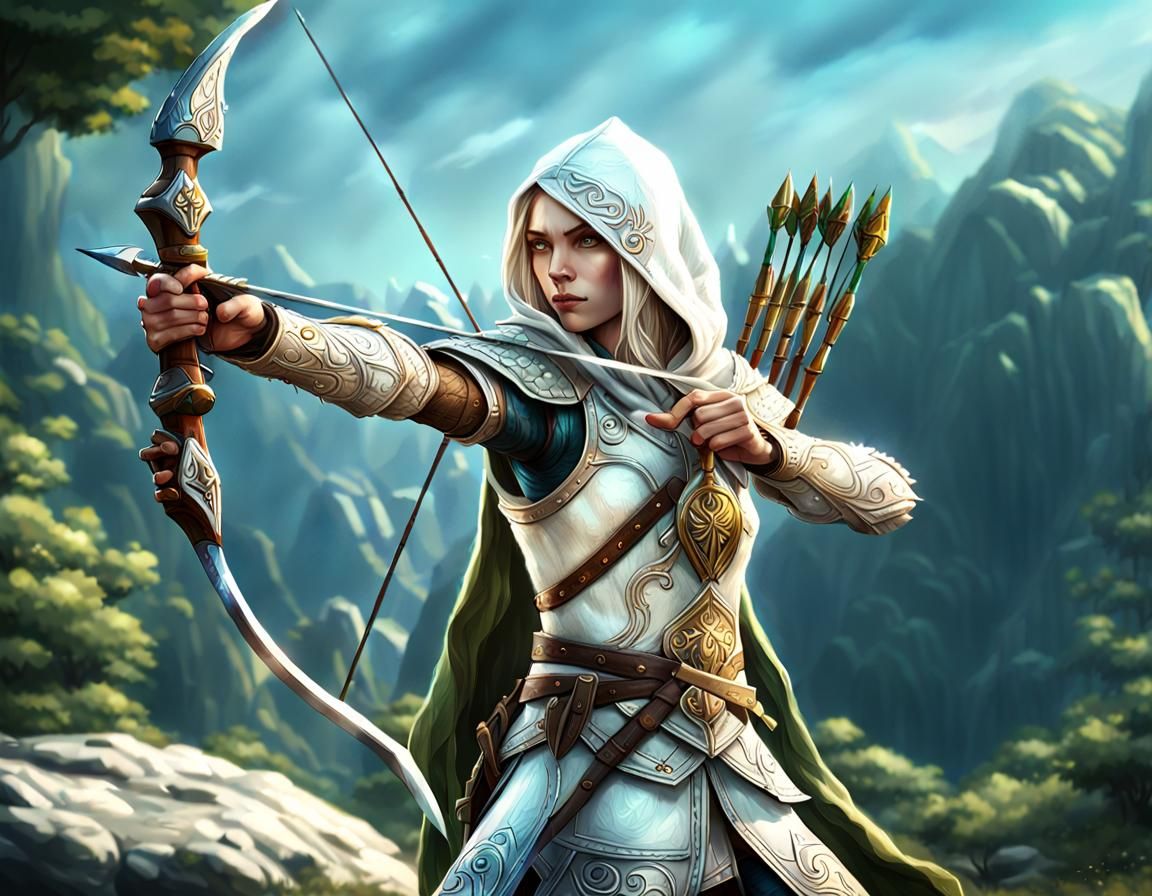 The land of the elves .  fantasy heavily armored hooded whit...