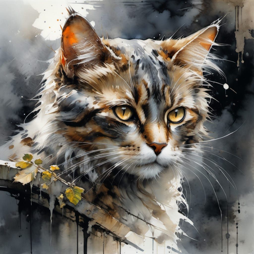 Ethereal Moonlit Feline Portrait in Watercolor