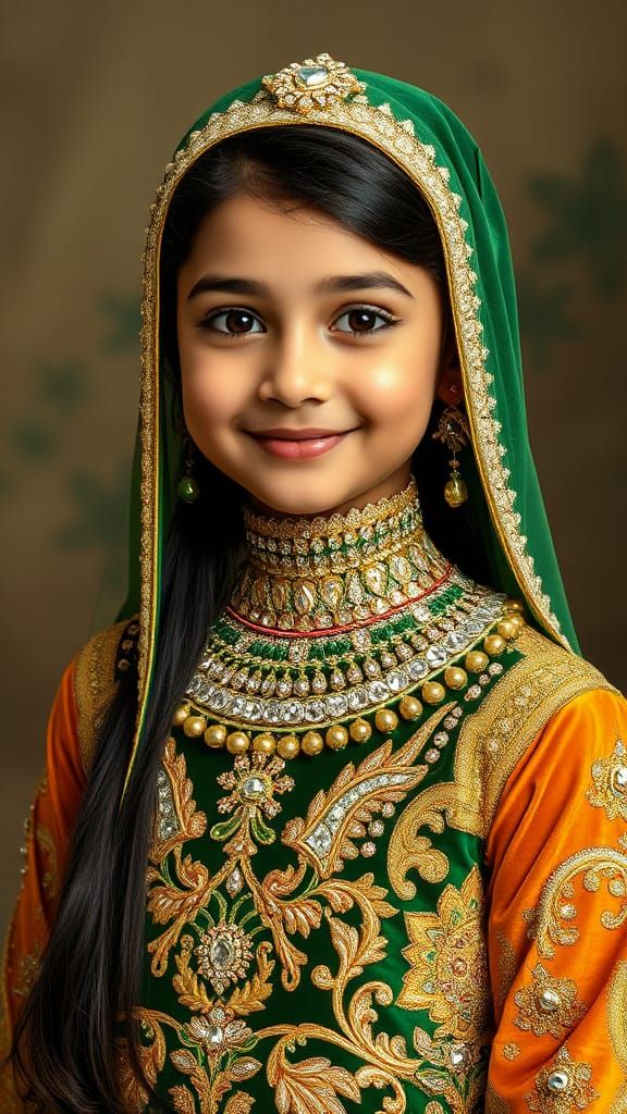 Elegant 8-Year-Old Girl in Golden Velvet Eid Dress with Crys...