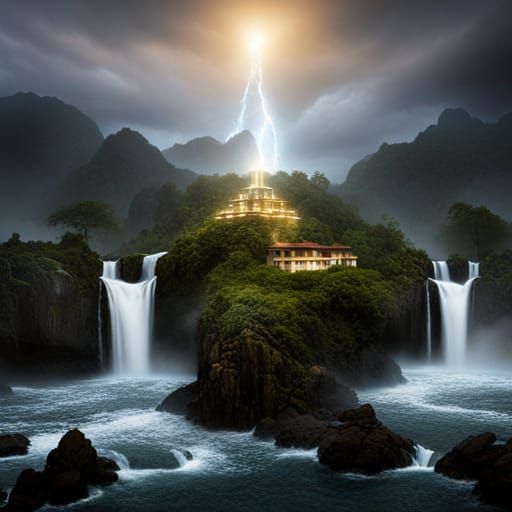 Golden Temples atop Mountains with Diamond Skies
