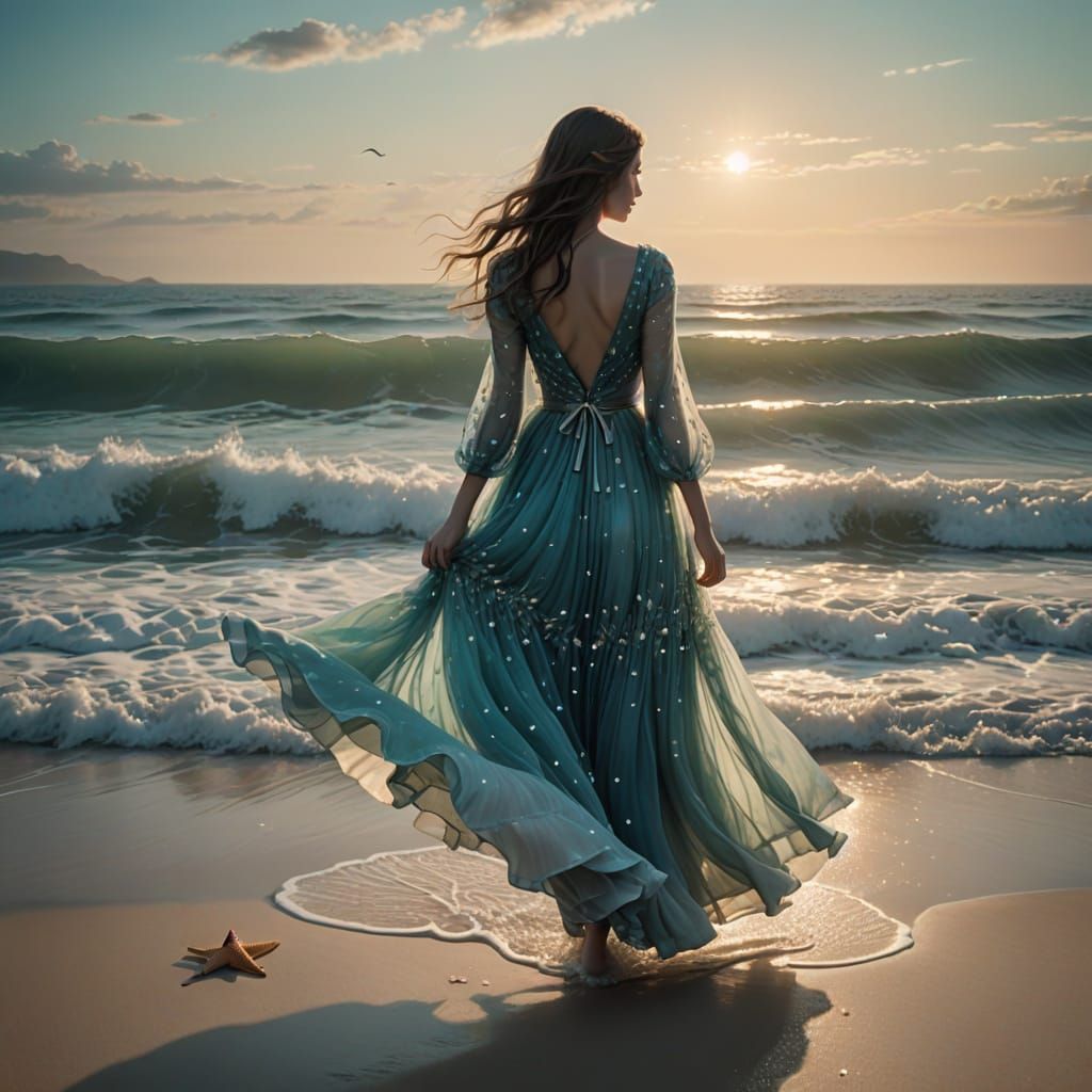 Girl Transformed by Oceanic Magic in Dreamy Watercolors