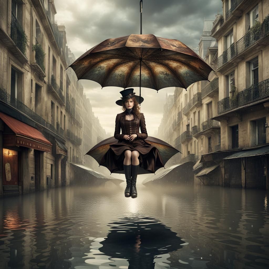 Steampunk Lady Floats Down Flooded Paris Street