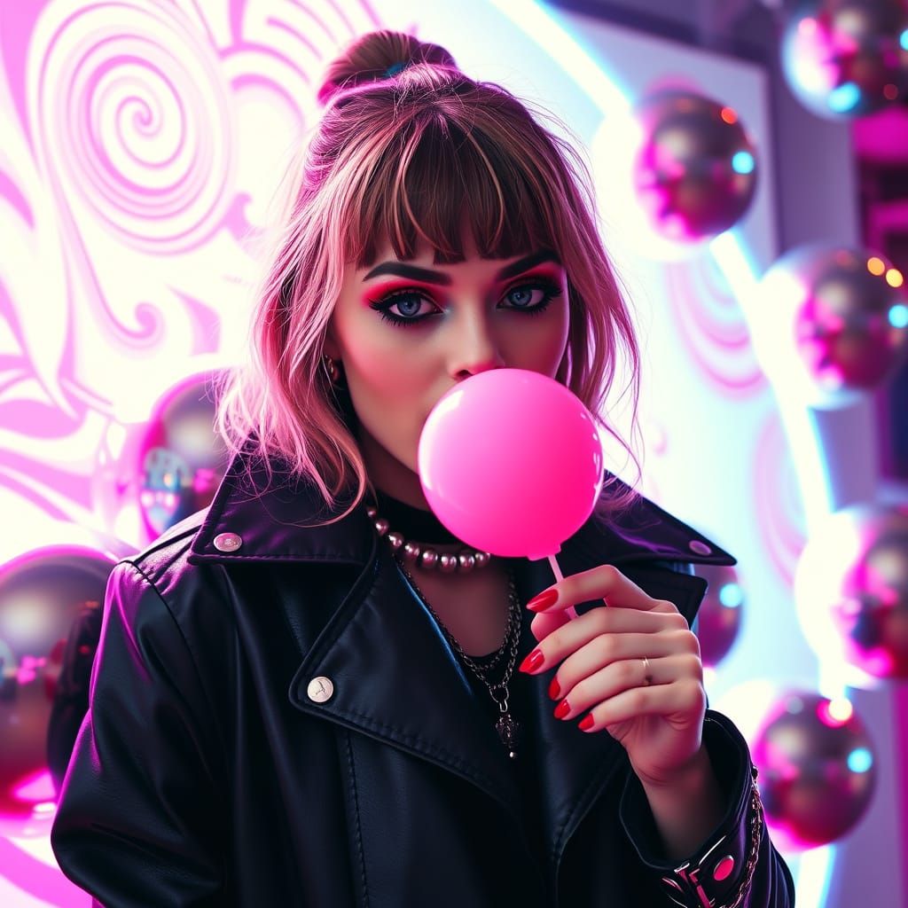 Goth Pop Art Icon Blows Pink Bubblegum Bubbles Amid Chrome S...