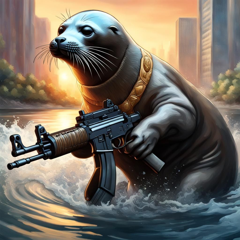 Seal with AK-47 Rifle by River: Hyperrealistic Art