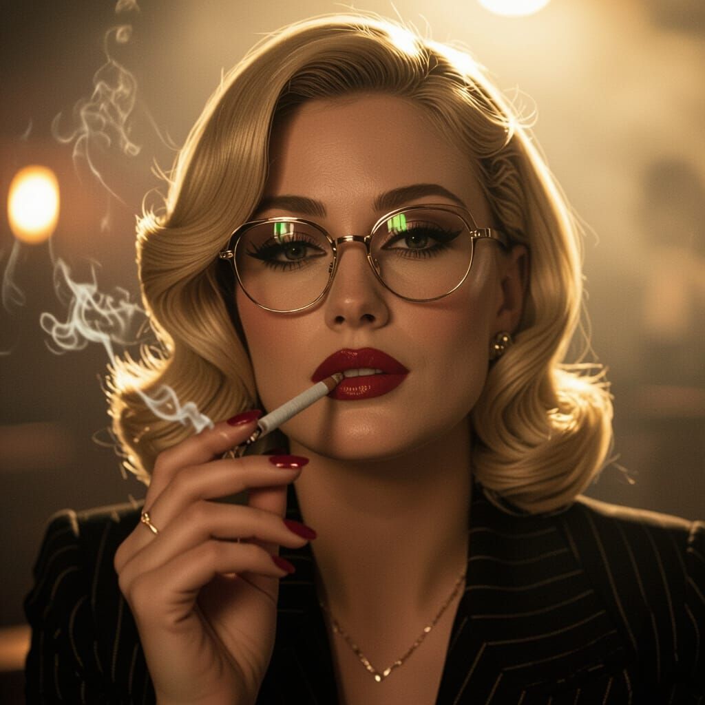 Blonde Woman Smirks in Hazy Speakeasy, Noir Style