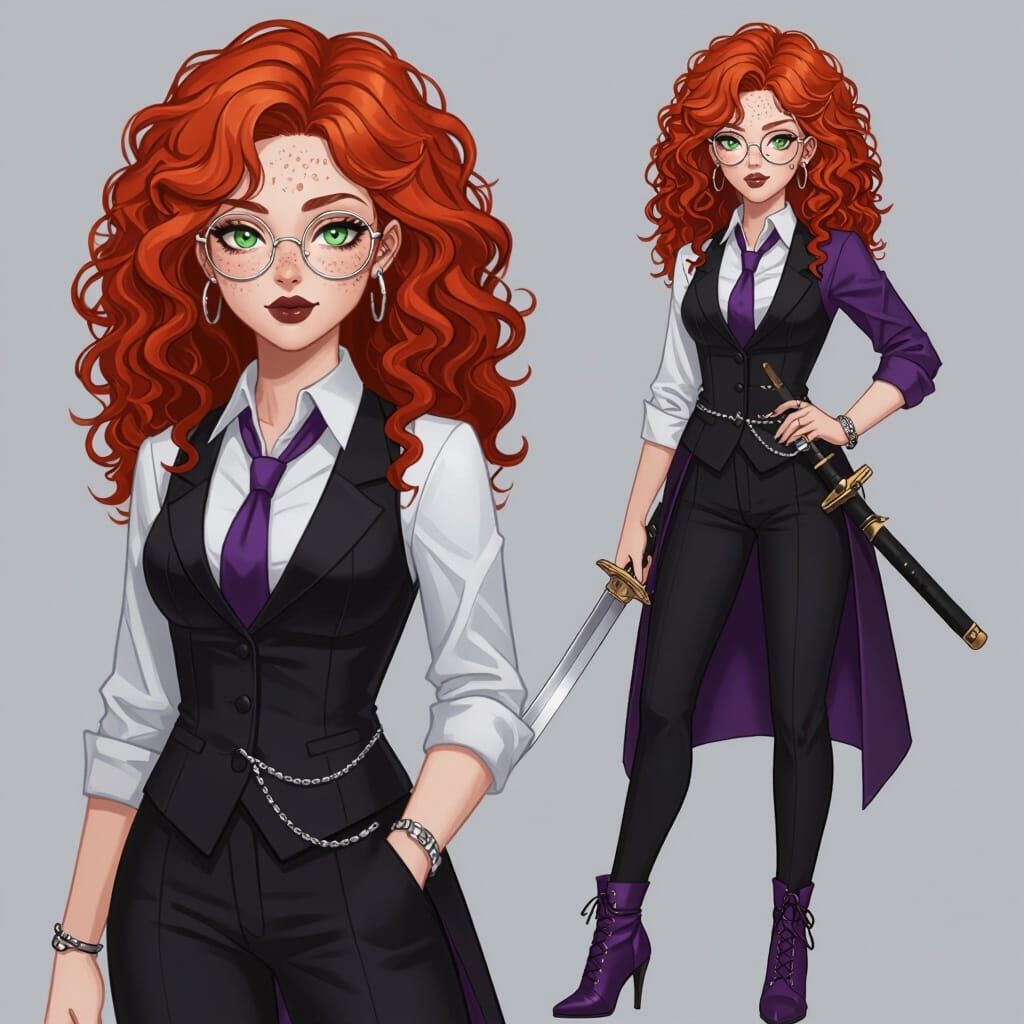 Anime Concept Art: Curly Red Hair Woman with Sword and Spell...