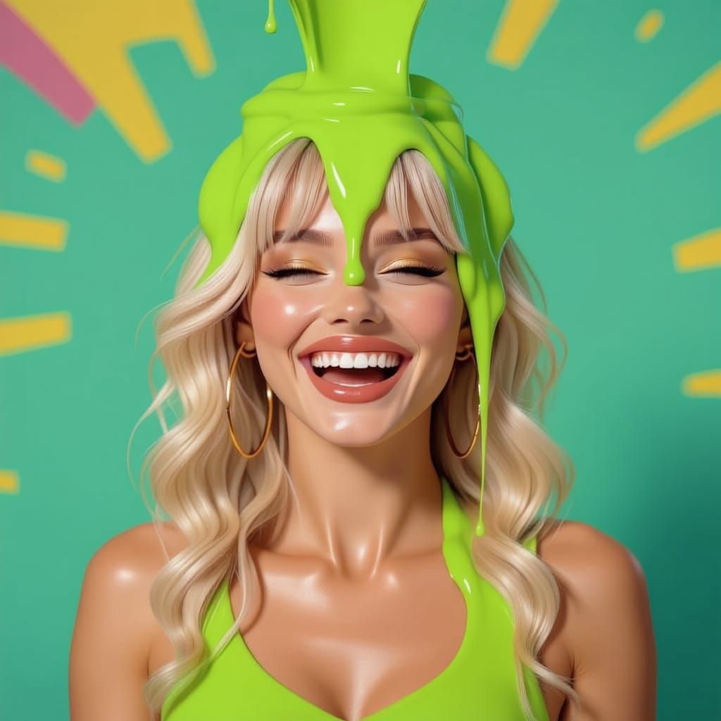 Woman Enjoys Lime Green Slime Shower