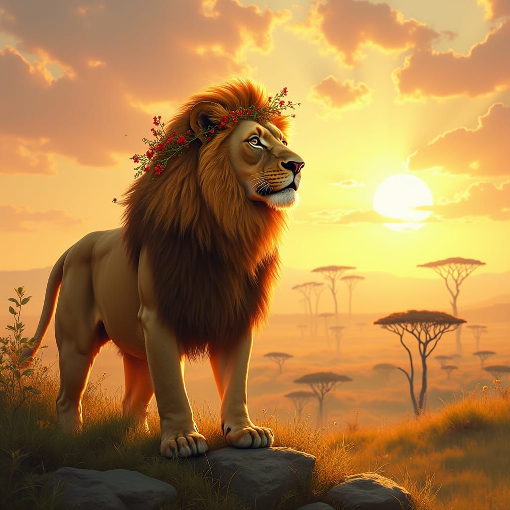 Lion King with Flower Crown on the Savannah