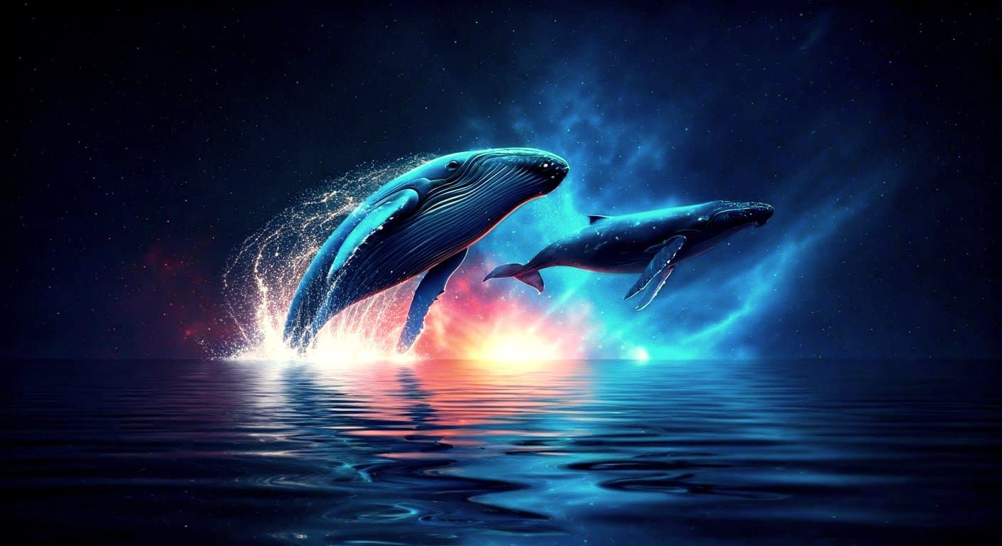 Whimsical Double Exposure of Two Whales in a Cosmic Sea