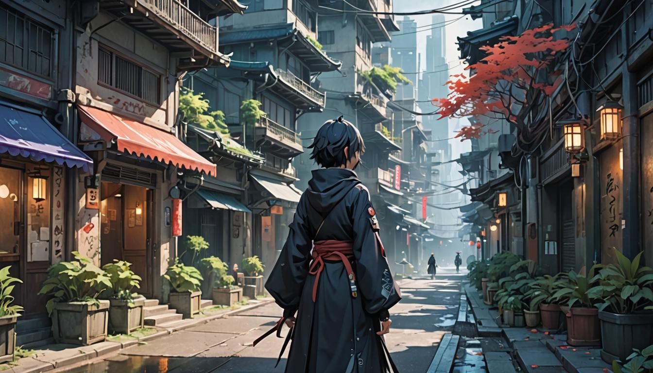 Melancholy Anime Figure in Lush Futuristic Landscape