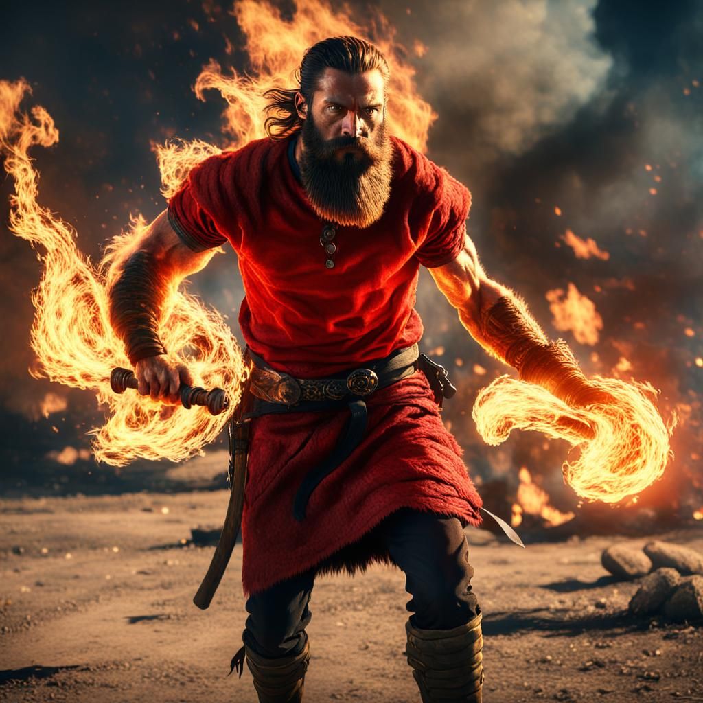 Fiery Warrior on Battlefield in Hyper-Realistic Style