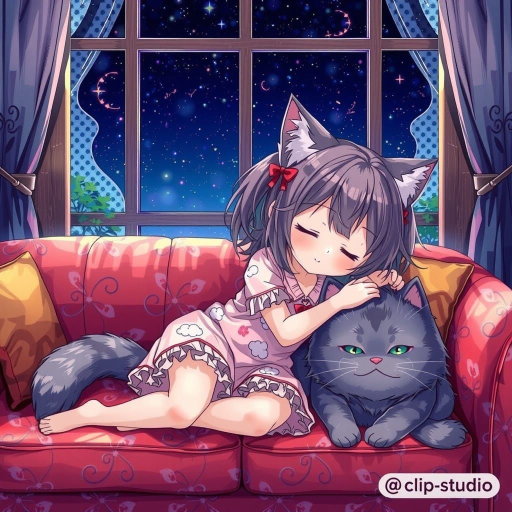 Peaceful Anime Girl Dreams Under Starry Night Sky with Felin...