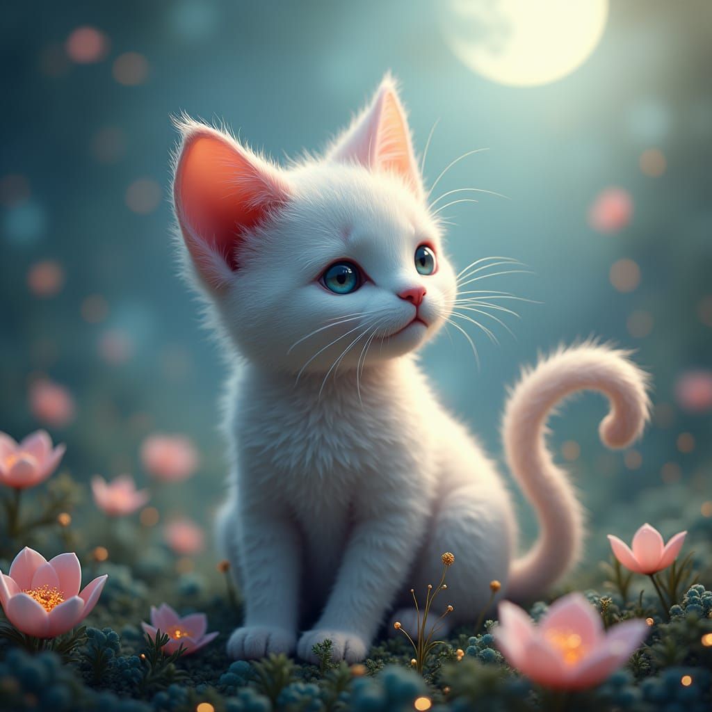 Dreamlike Cat in Mystical Moonlit Garden