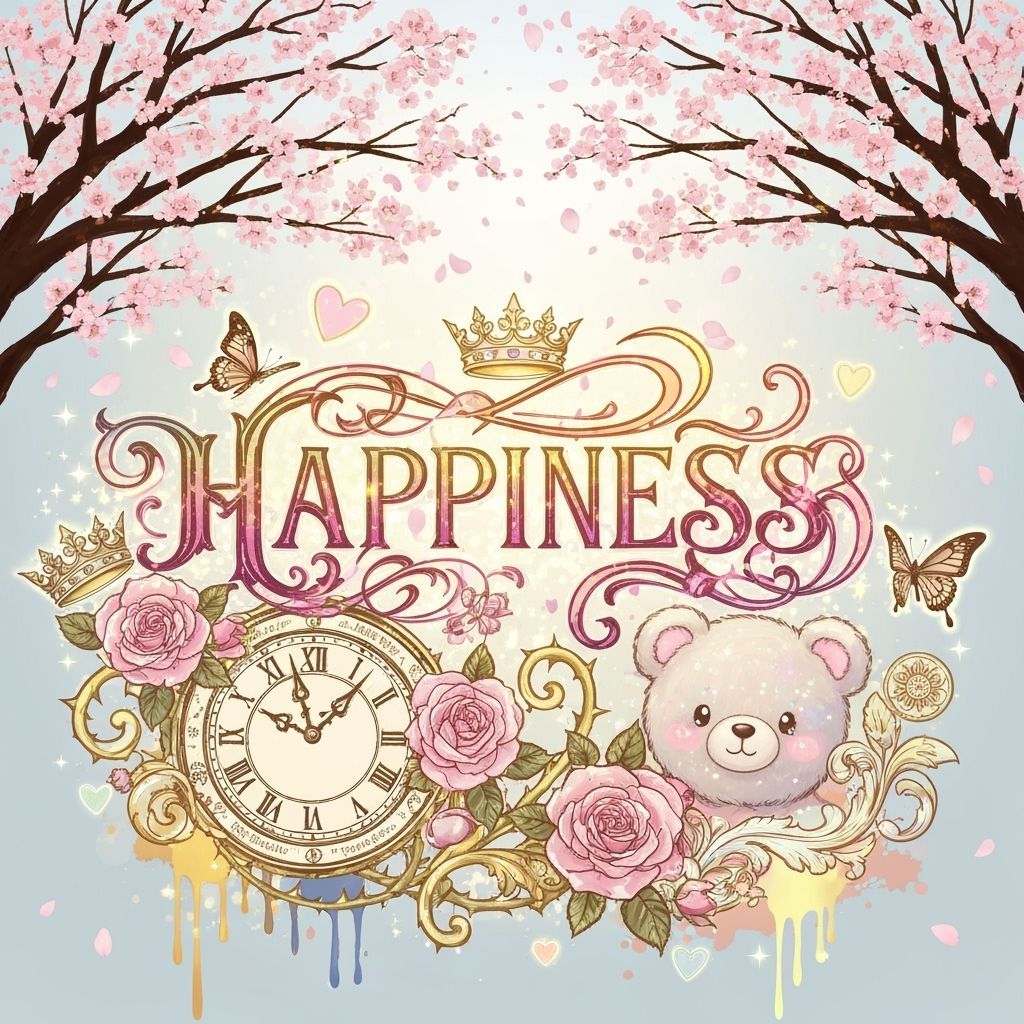 Dreamy Floral Scene with 'Happiness' in Gothic Calligraphy