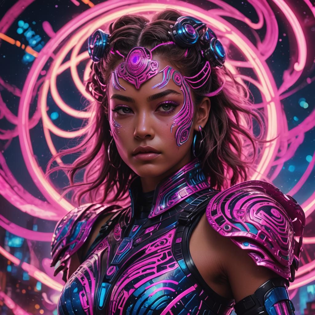 Exotic Supermodel in Cyberpunk Zebra Armor