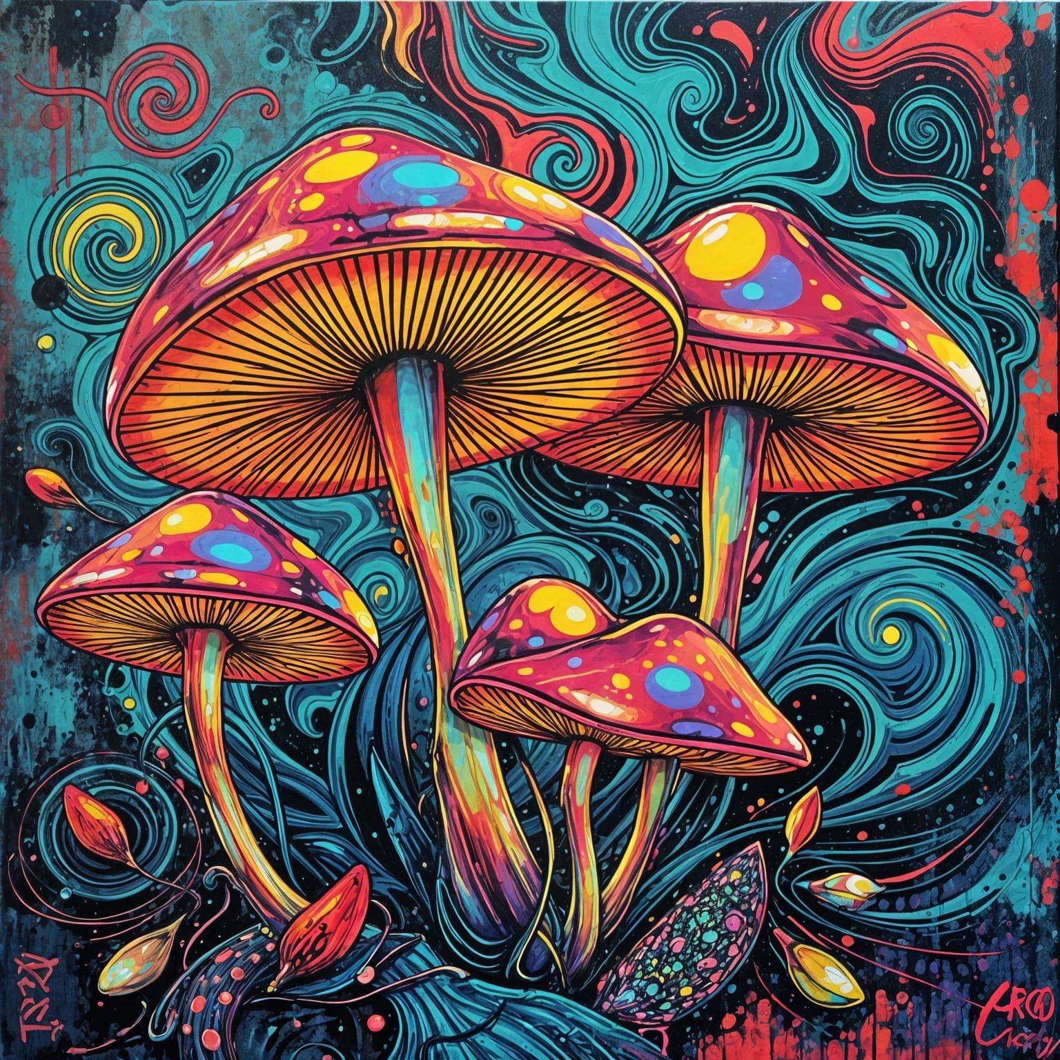 Glowing Mushrooms in Neon Urban Landscape