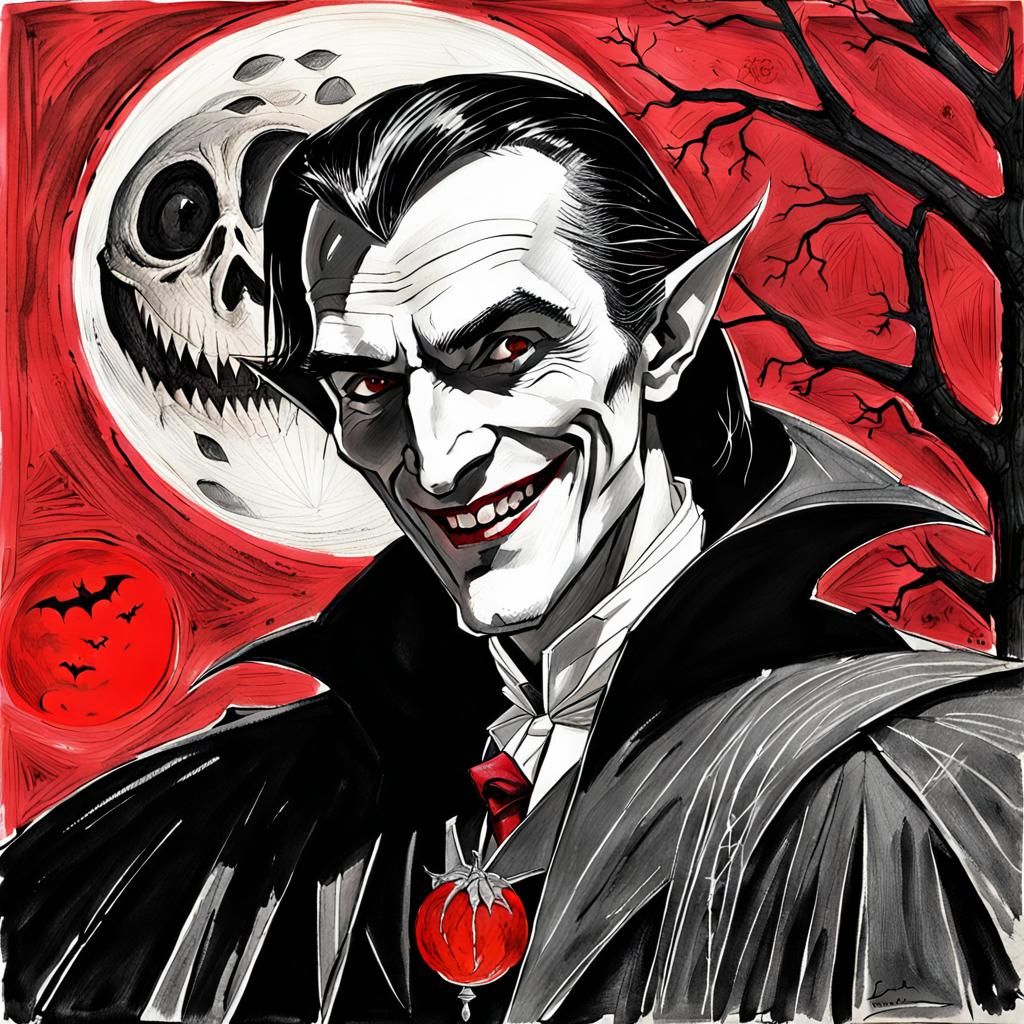Draconic Dracula Smiles Under Red Moon as Impasto Sketch