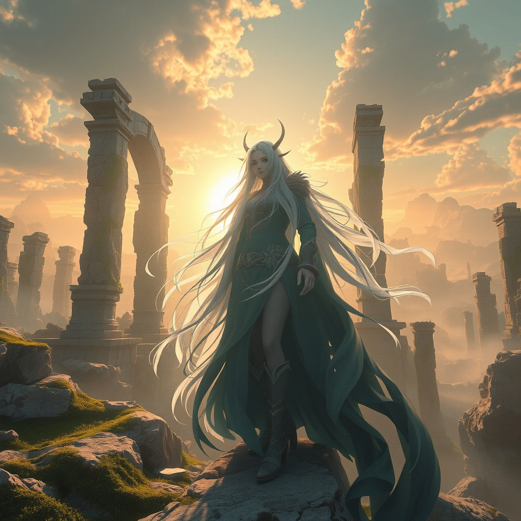 Ethereal Anime Figure in Ancient Ruins