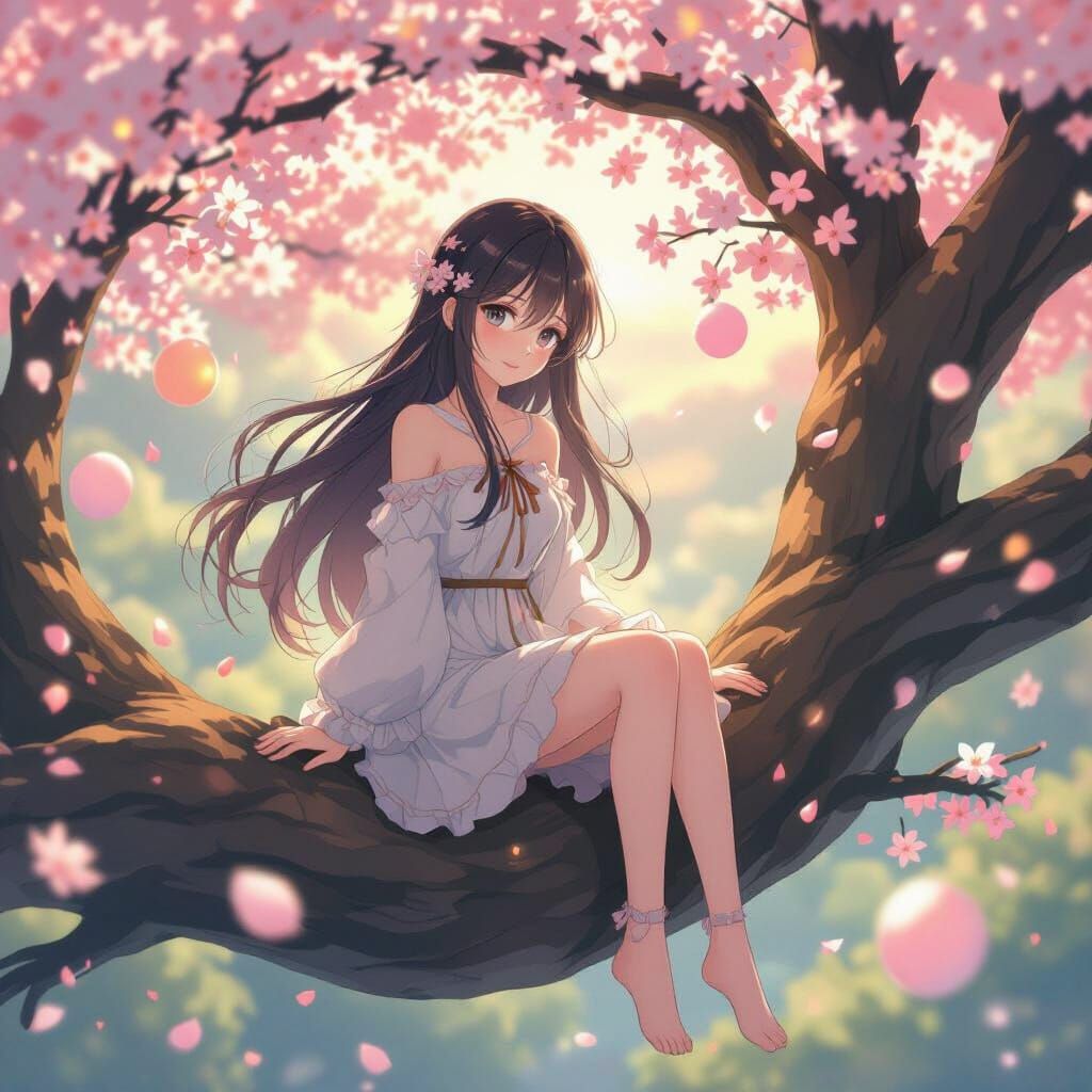 Anime Girl on Tree Branch with Cherry Blossoms and Orbs