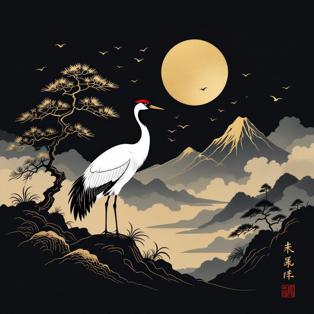 Elegant Japanese Crane Scroll in Gold Ink
