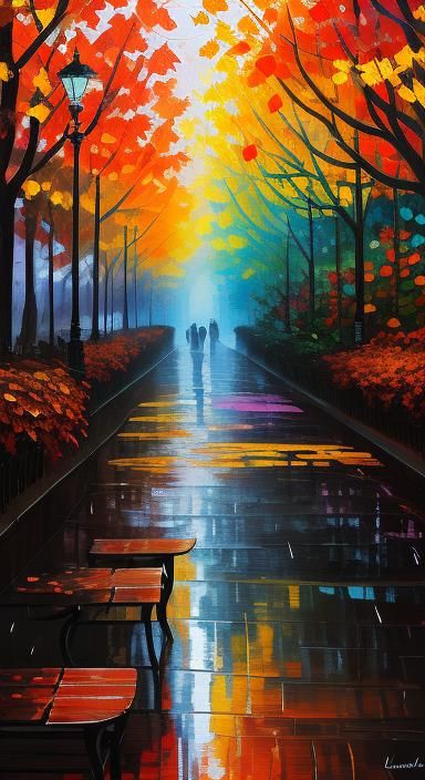 Rainy Park Scene in Neo-Impressionistic Collage