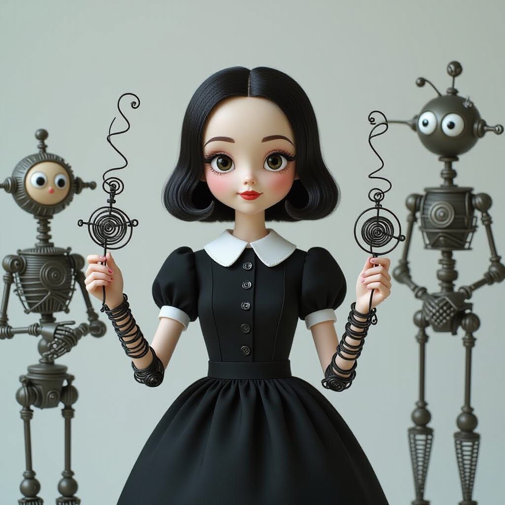 Wednesday Addams Among Wire Sculptures, Miyazaki Style