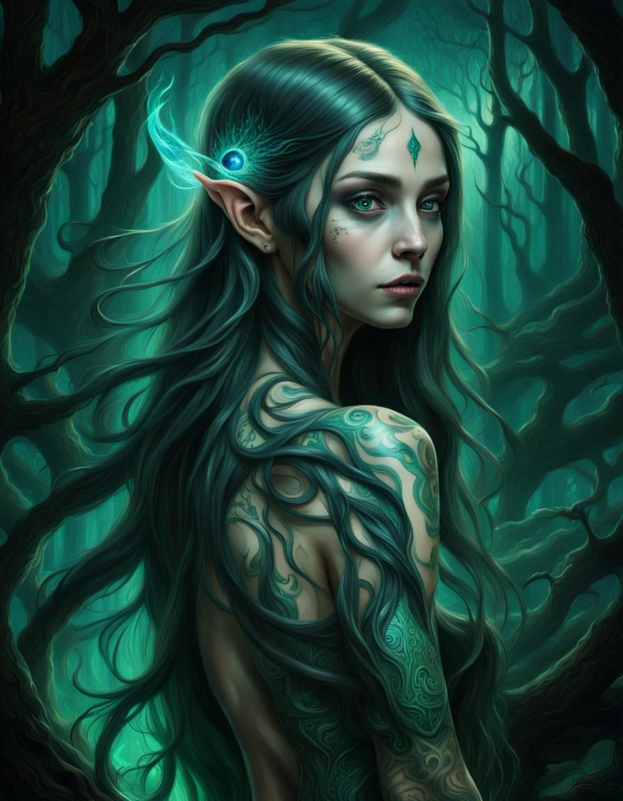 Bioluminescent Elf in Moody Forest Oil Painting