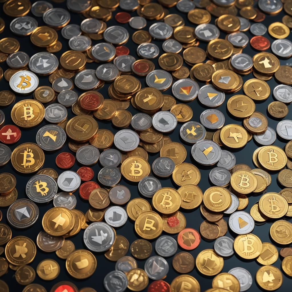 Cryptocurrency Coins on Dark Surface: Hyper-Realistic Digita...