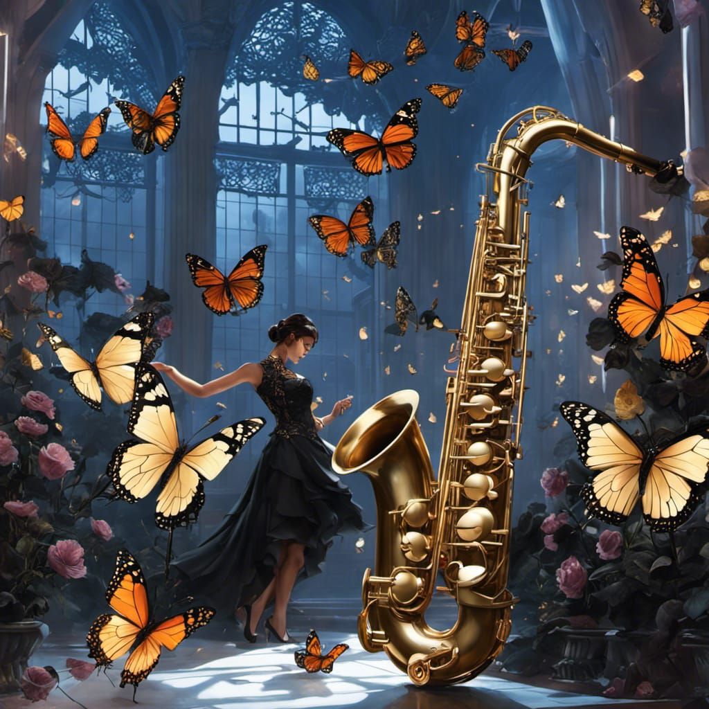 Saxophone Among Butterflies and Roses in Hyperdetailed Splas...