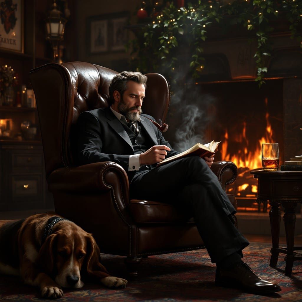 Man Reading by Fireplace: Hyperrealistic Portrait