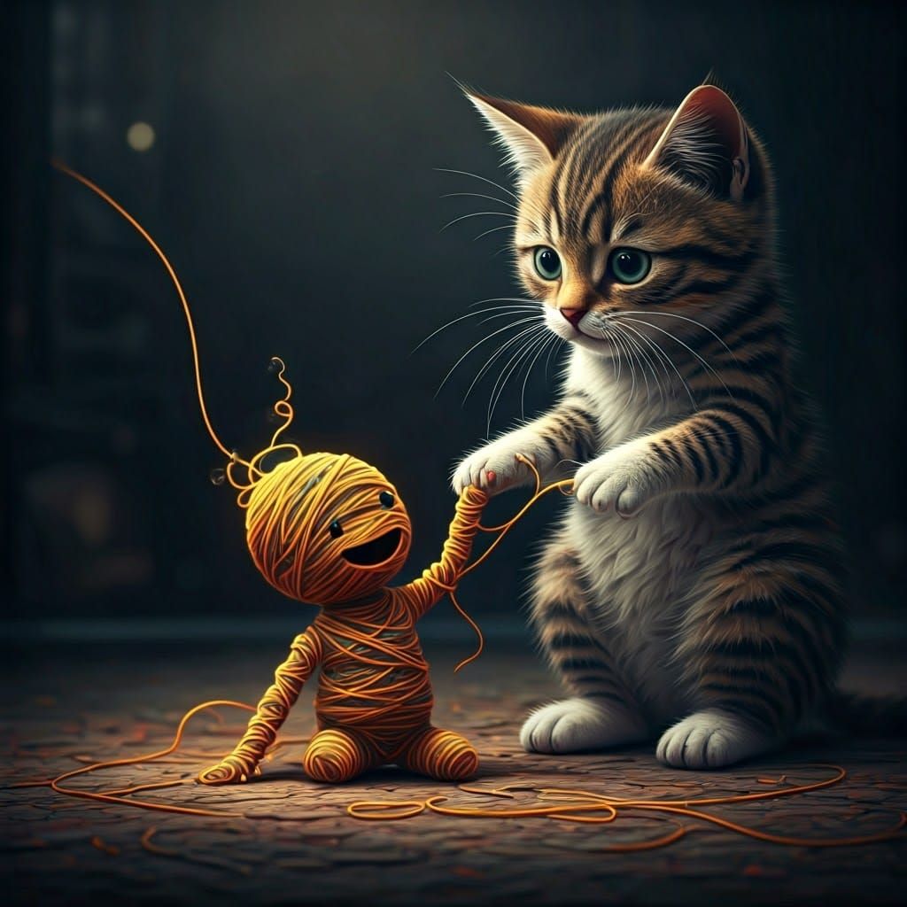 String Creature and Cat: Colorful 3D Digital Art