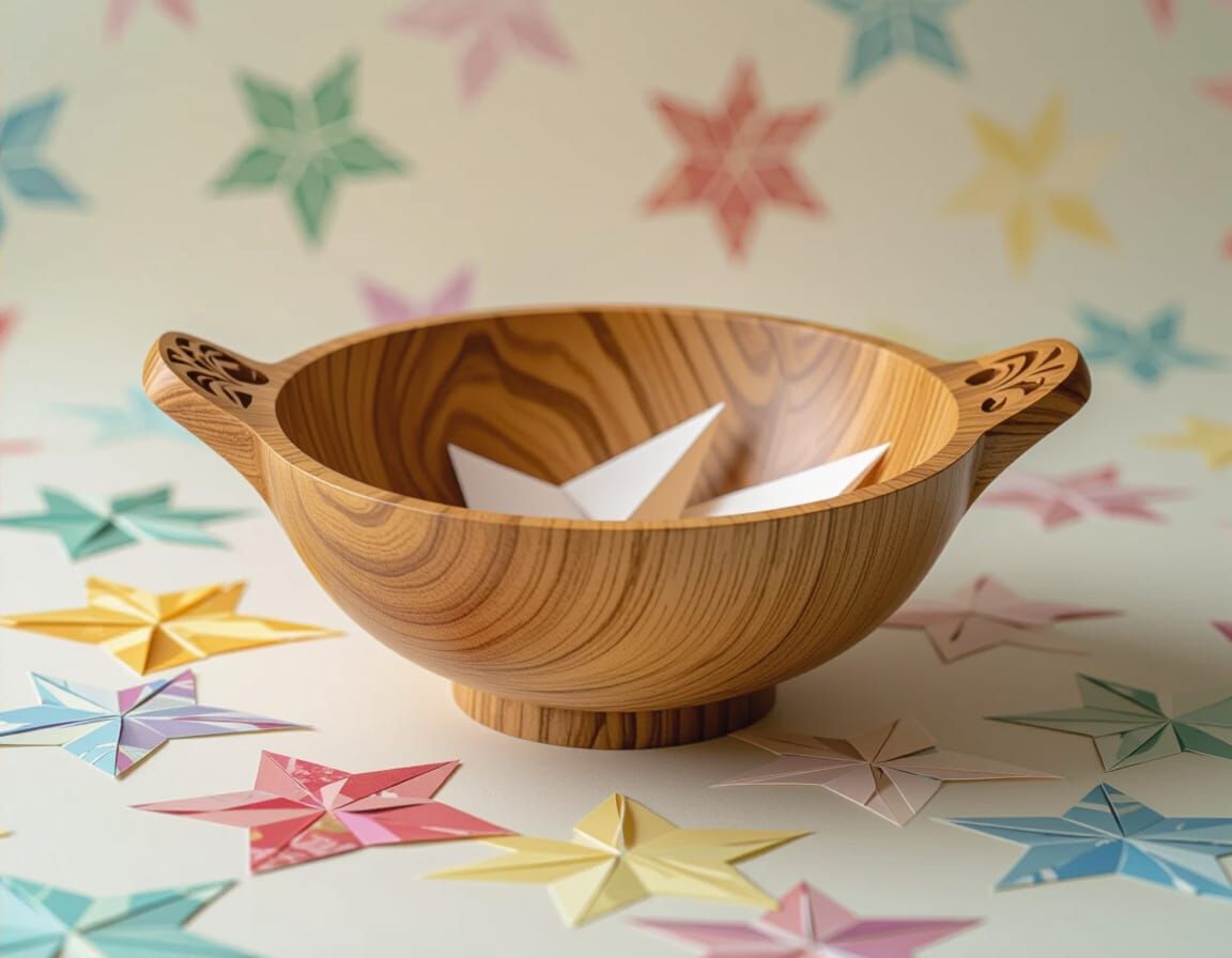 Wooden Bowl with Origami Paper in Hyper-Realistic Style