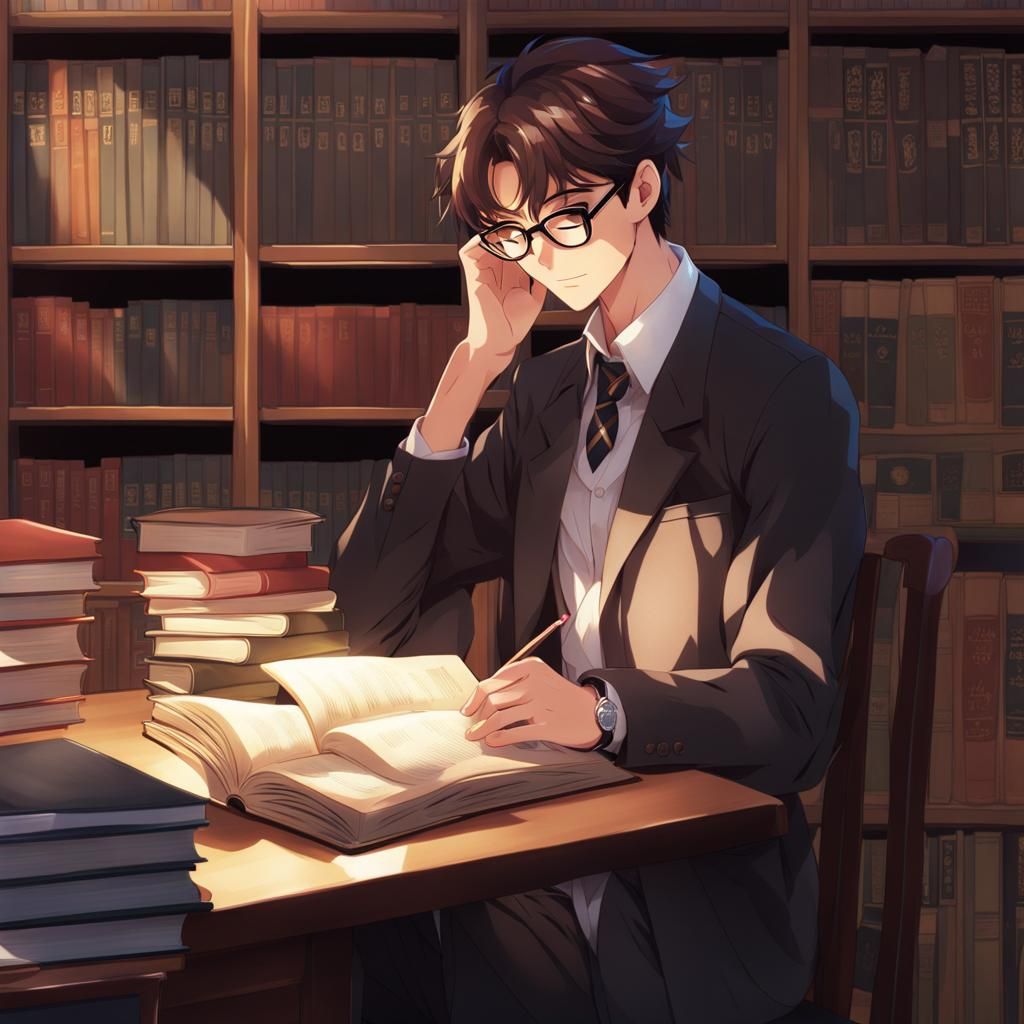 Anime Boy Reading in Library, School Aesthetic