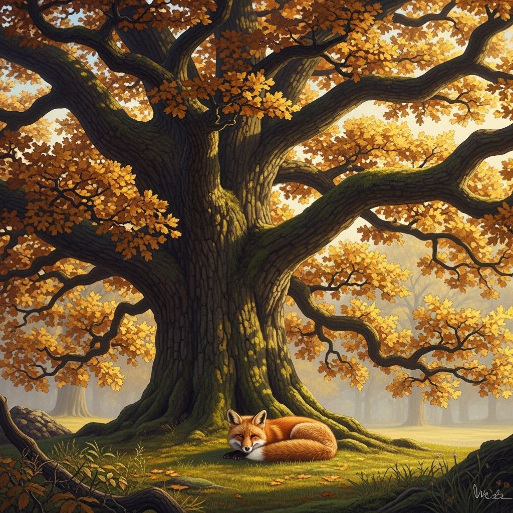 Red Fox Rests Under Majestic Autumn Oak Tree