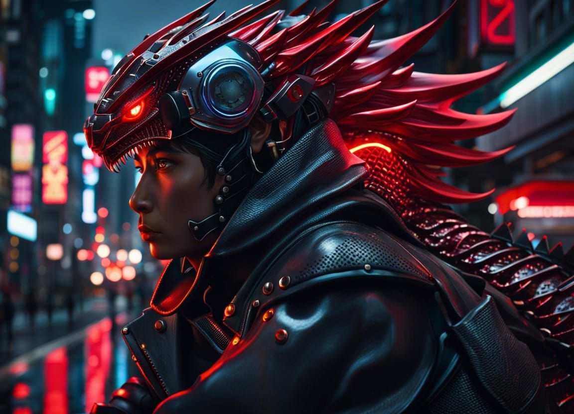 Cyberpunk Dragon Rider on Tokyo Streets