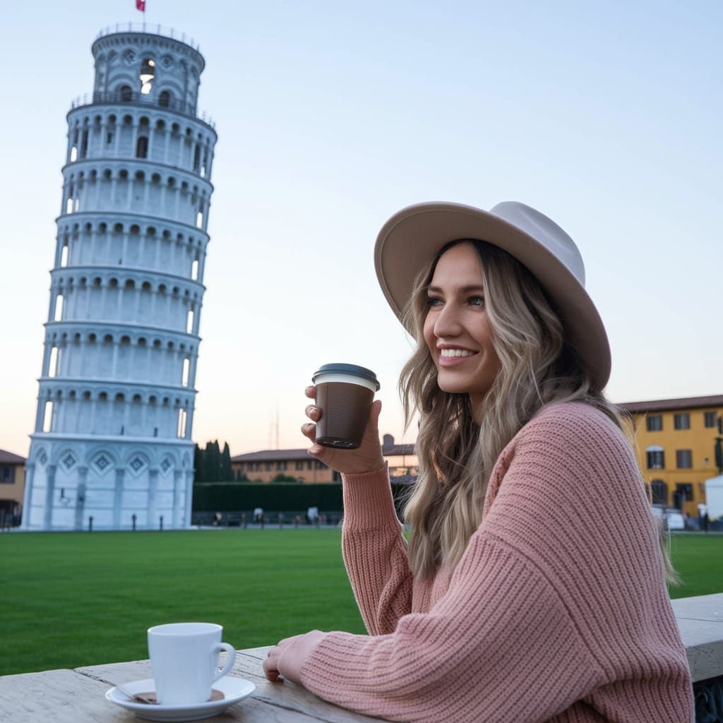 Woman Sips Coffee Near Leaning Tower of Pisa