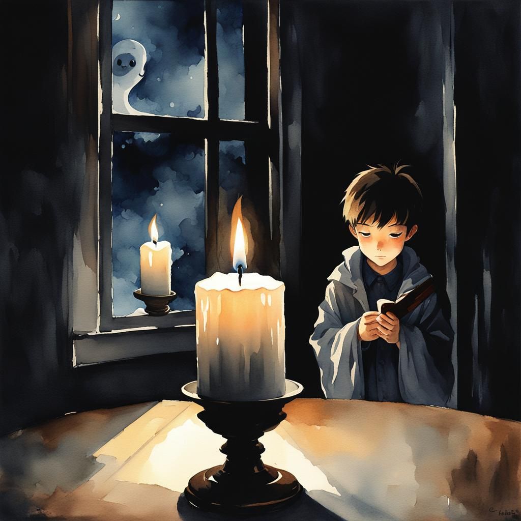Ethereal Boy in Candlelit Room: Watercolor Anime