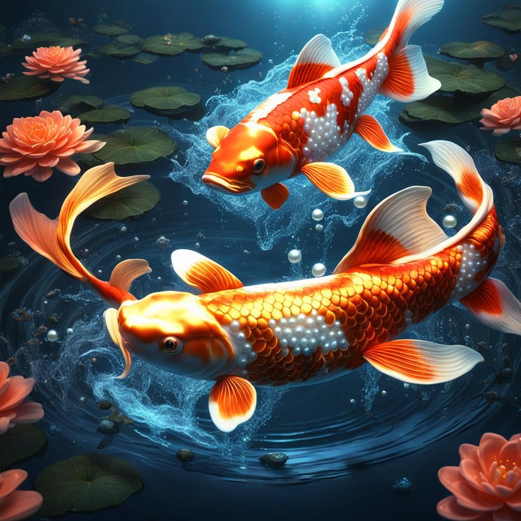Pearl-Encrusted Koi Leaping from Glowing Pond