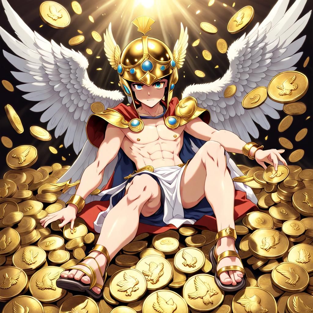 Hermes Surrounded by Gold Coins in Anime Style