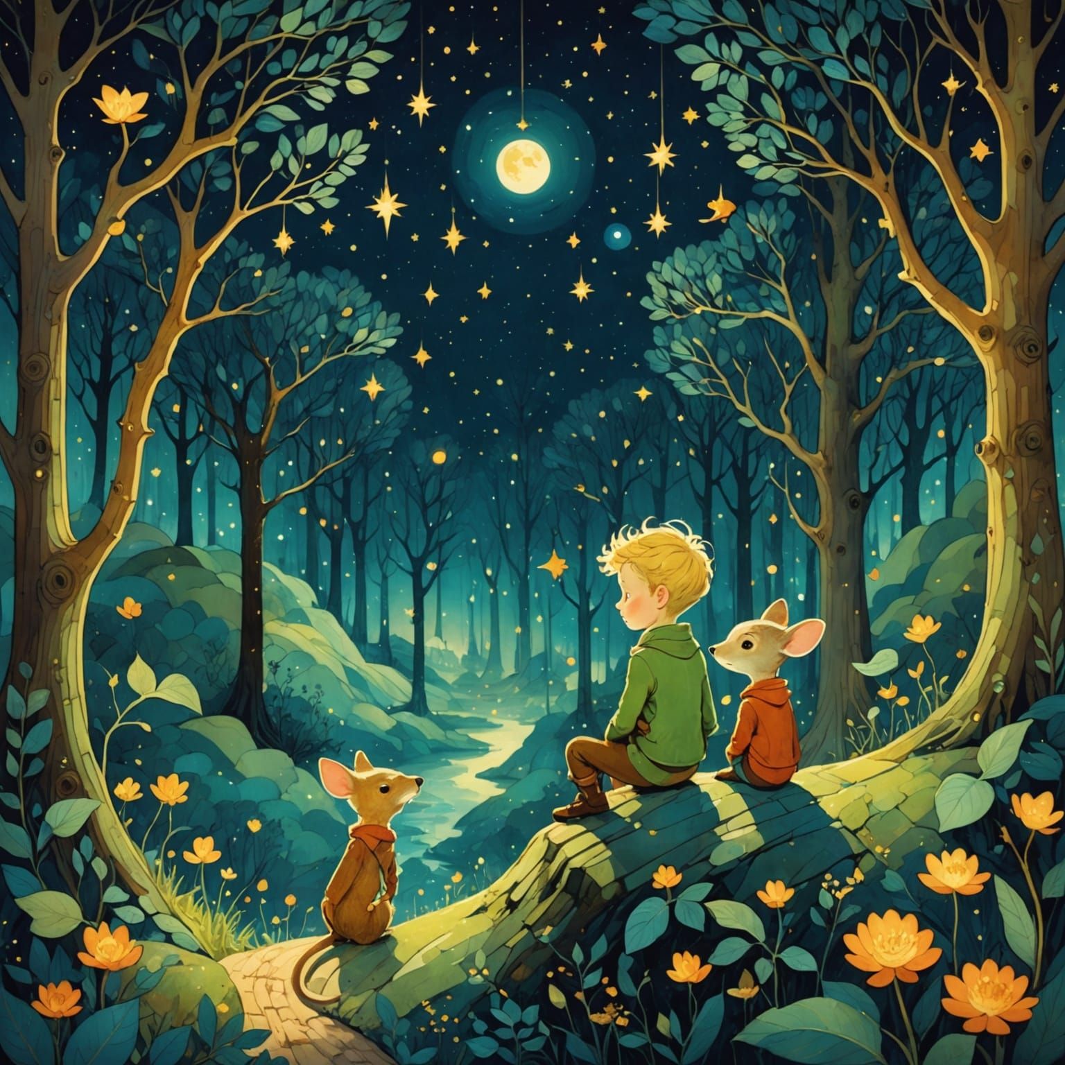 Little Prince and Mouse in Whimsical Forest